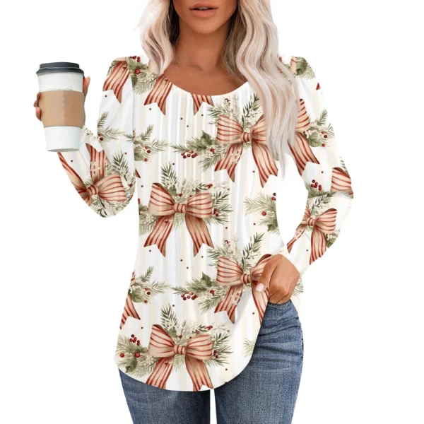 Women's Pleated Casual T-Shirt Round Neck Christmas Printed Long Sleeved Top - Image 37