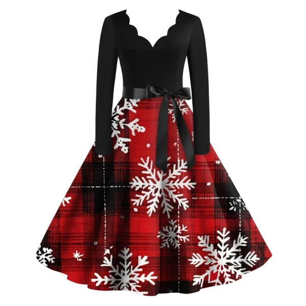 Women's Casual V-Neck Christmas Printed Fashion Long Sleeve Slim Dresses - Image 34