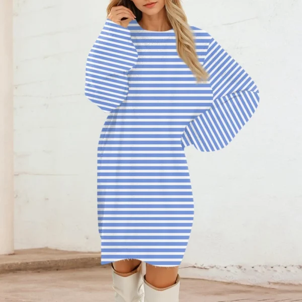 Women's Round Neck Casual Long Sleeve Plush Gradient Stripe Dresses - Image 42