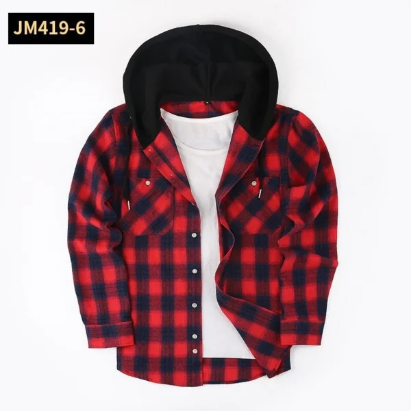 Thick long-sleeved hooded plaid shirt for men loose - Image 21