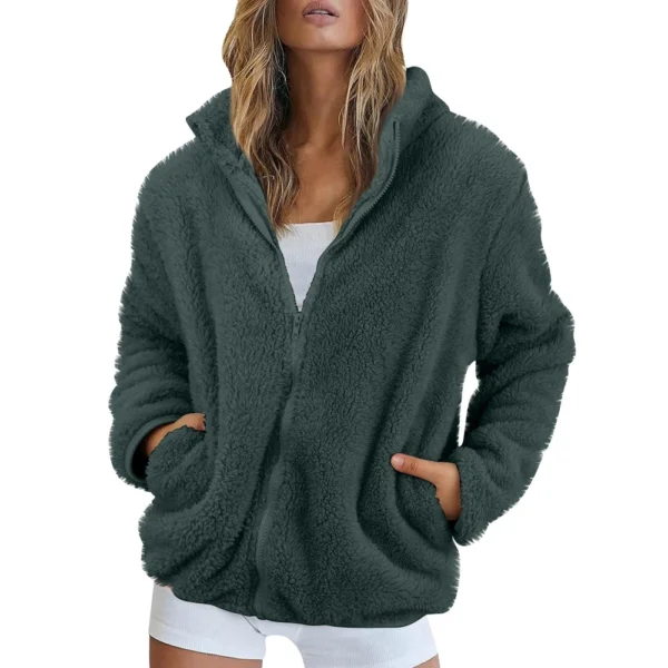 Women's Solid Color Loose High Neck Long Fleece Plush Warm Zipper Jacket - Image 19