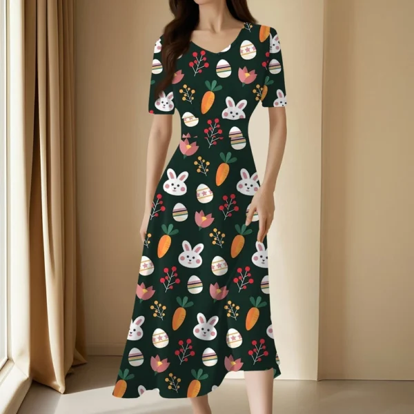 Ladies Casual Fashion Gradient Print V-Neck Short Sleeve Waist Long Swing Dress - Image 19