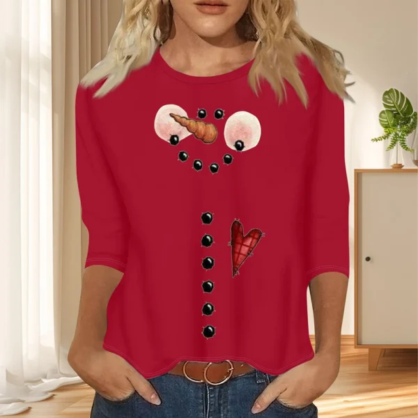 Ladies Casual Christmas Printed Top Round Neck 3/4 Sleeve Loose Women's T-Shirt - Image 31