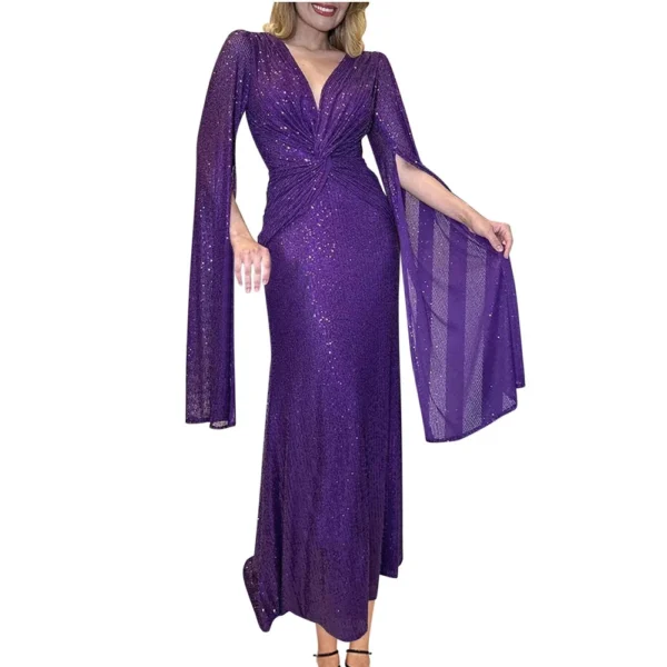 Women's Fashionable Solid Color V Neck Sequin Sexy Evening Dress Party Long - Image 25