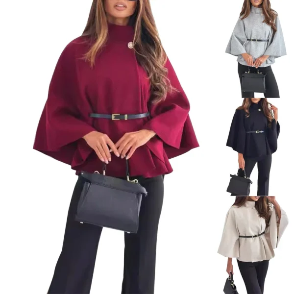 Women's Fashion Solid Waist Tie Woolen Cape Coat