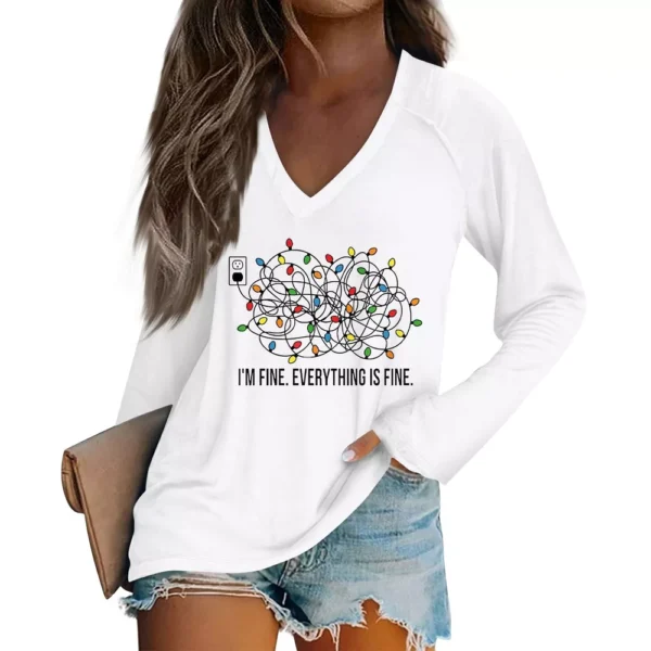 Women's Comfortable V-Neck Printed Long Sleeved Top Christmas Casual T-Shirt - Image 3