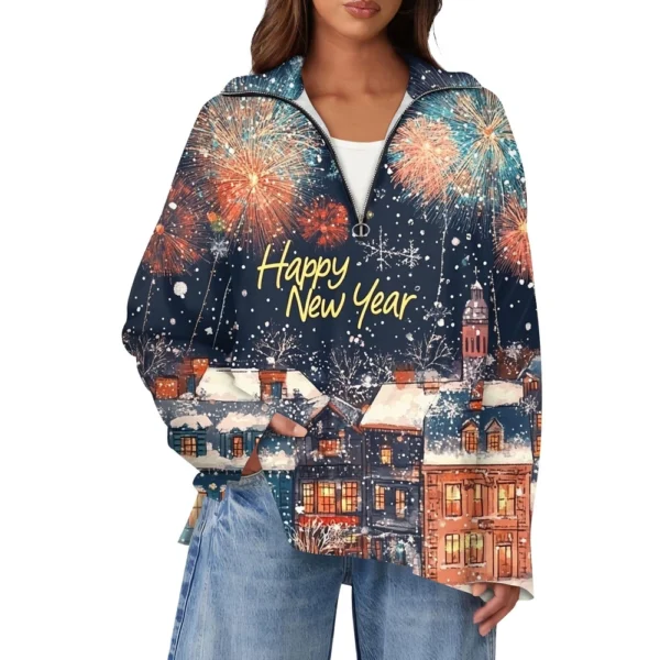 Women's Casual Half Zipper Lapel Christmas Printed Pullover Top Side Slit - Image 9