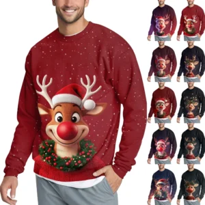 Men's Casual Fashion Comfortable Christmas Deer Printed Round Neck Pullover
