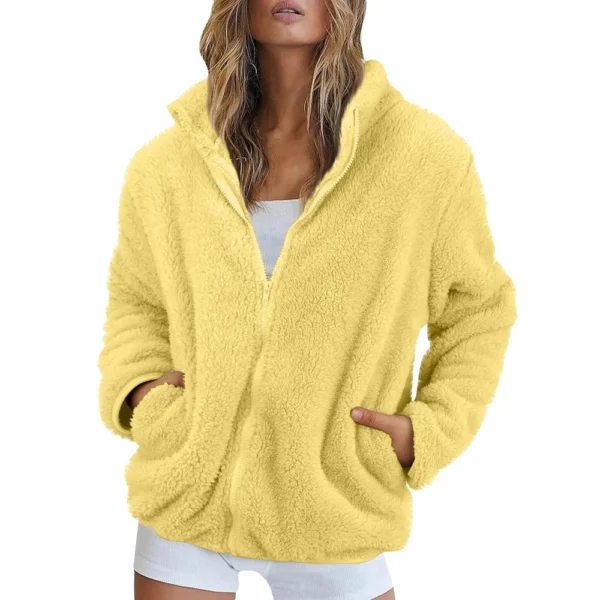 Women's Solid Color Loose High Neck Long Fleece Plush Warm Zipper Jacket - Image 49