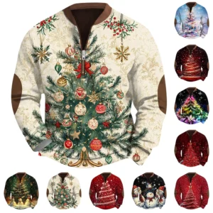 Men's Fashion Casual Half Zipper Neck Loose Long Sleeve Christmas Printed
