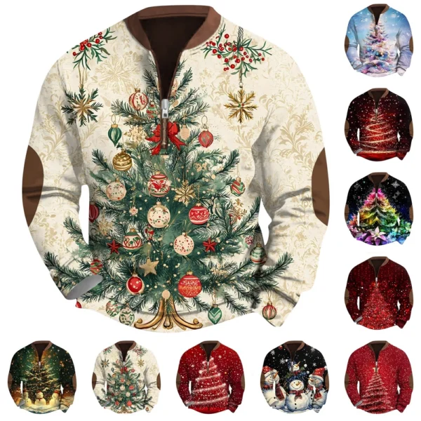Men's Fashion Casual Half Zipper Neck Loose Long Sleeve Christmas Printed