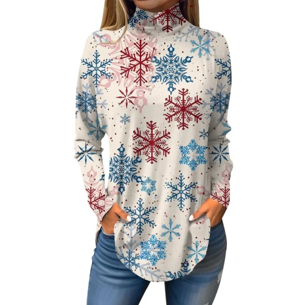 Women's Printed Pullover High Neck Fashion Long Sleeve Casual Christmas T-Shirt - Image 8