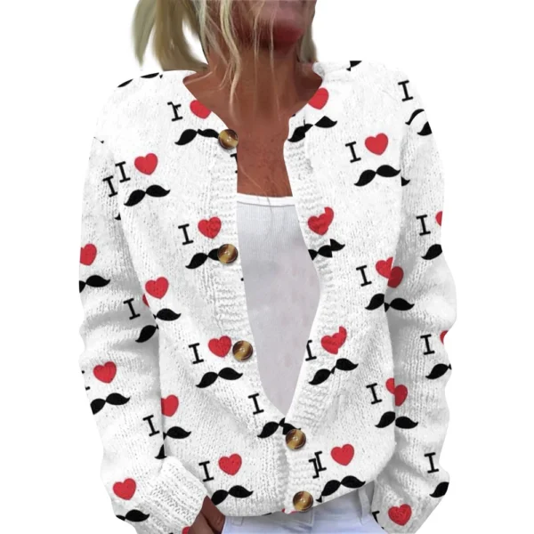 Women's Fashion Printed Valentine's Day Long Sleeved Knitted Cardigan Button - Image 26