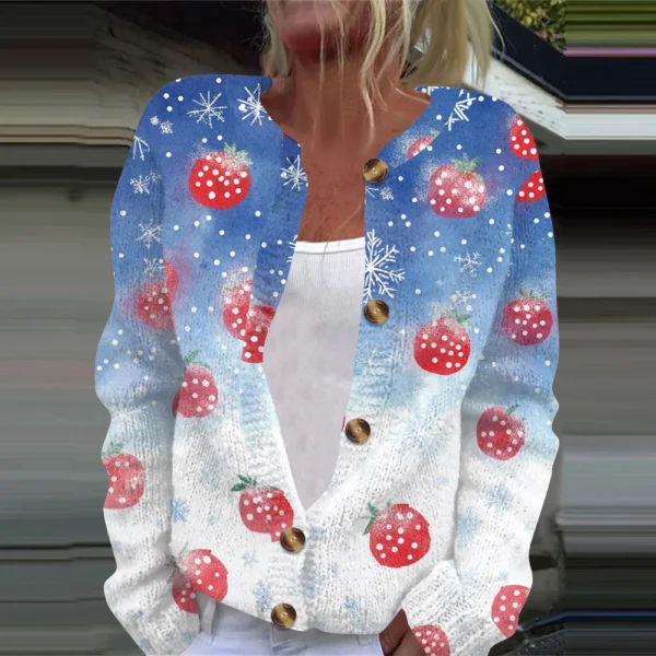 Women's Fashion Christmas Printed Long Sleeve Knitted Cardigan Button Down - Image 40