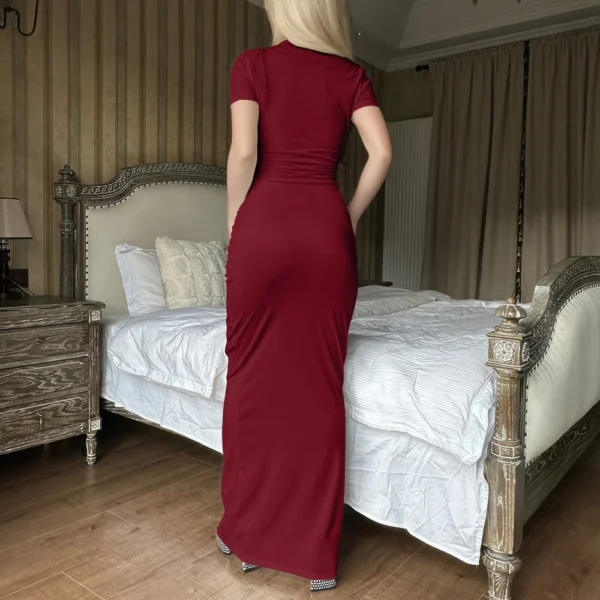 Women's Deep V-Neck Short-Sleeved Solid Color Pleated Long Dress - Image 11