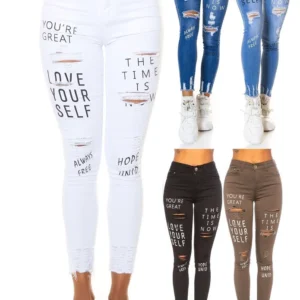 High Waist Skinny Jean Look mit Schriftzug Print