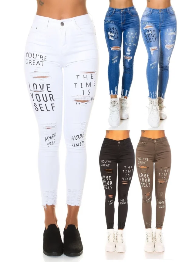 High Waist Skinny Jean Look mit Schriftzug Print
