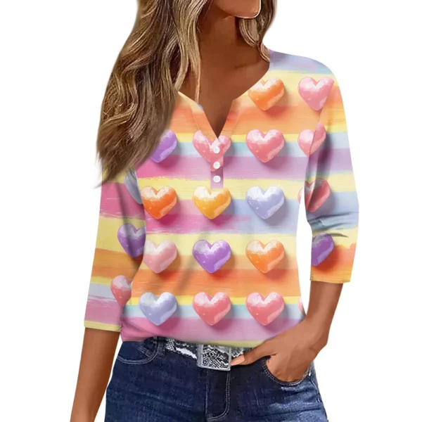 Women's T Shirt Tee Valentine's Day Print Button 3/4 Sleeve Daily Weekend - Image 7