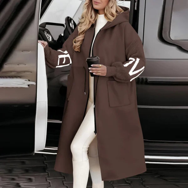 Women's  Solid Color Hooded Long Sleeve Knitted Sleeves Patchwork Casual Zip - Image 16