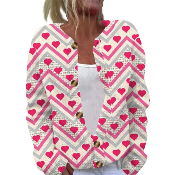 Women's Fashion Printed Valentine's Day Long Sleeved Knitted Cardigan Button - Image 20