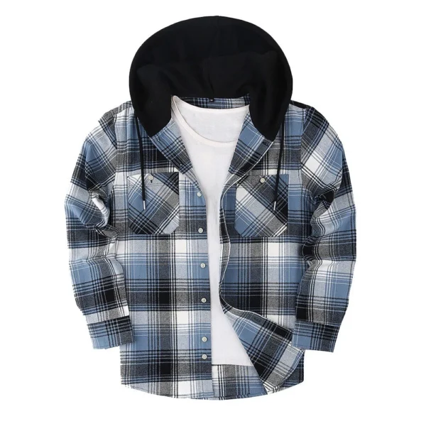 Thick long-sleeved hooded plaid shirt for men loose - Image 2