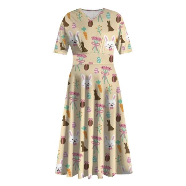 Ladies Casual Fashion Gradient Print V-Neck Short Sleeve Waist Long Swing Dress - Image 10