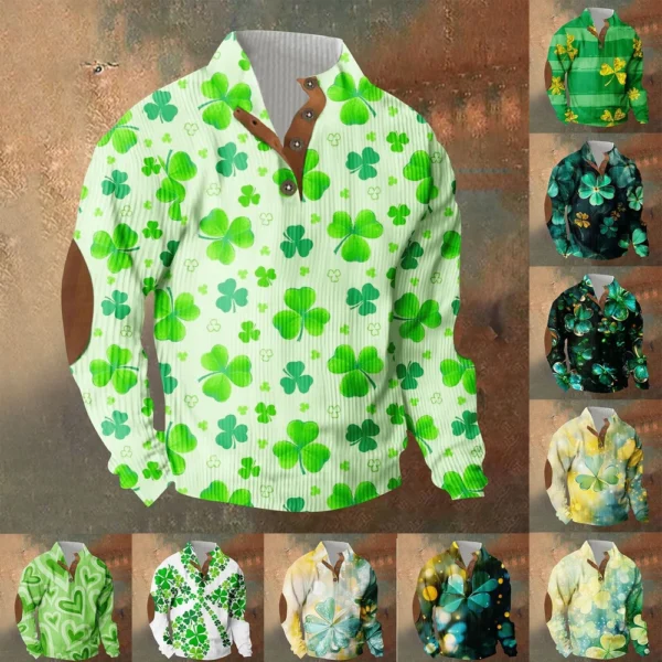 Knit Printed 3 Button - Corduroy Men's Standing Collar Pocket Sweatshirt