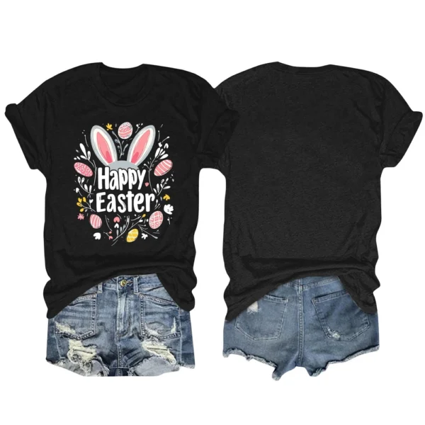 Happy Easter Women's Fashion Printed Round Neck Short Sleeve T-Shirt Pullover - Image 11