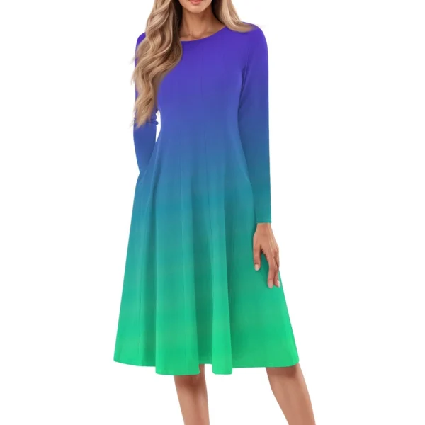 Women's Casual Fashion Round Neck Long Sleeve Print Midi Dress - Image 20