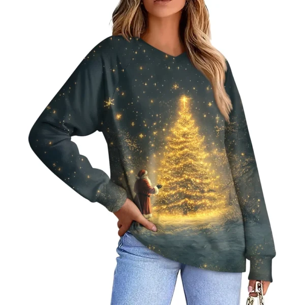 Women's Casual Fashion Comfortable Raglan Sleeve V-Neck Christmas Print - Image 7