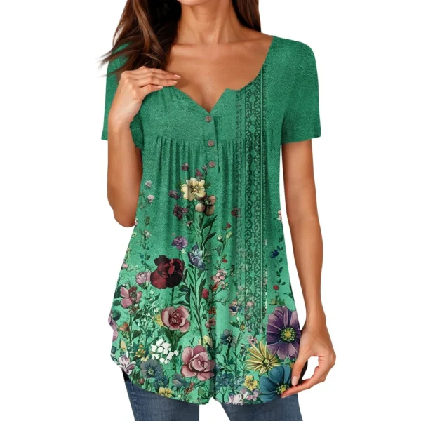 Women Tunic Tops Dressy Casual Summer Short Sleeve Shirts Loose Fit Pleated - Image 12