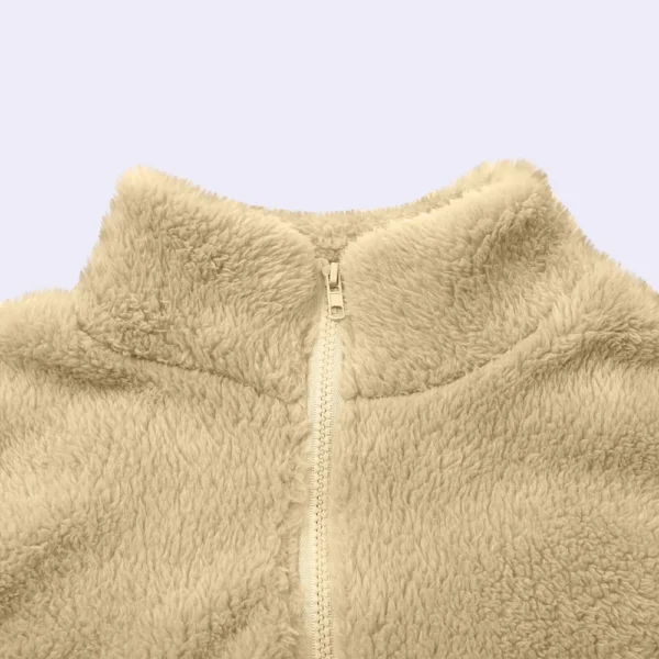 Women's Solid Color Loose High Neck Long Fleece Plush Warm Zipper Jacket - Image 10