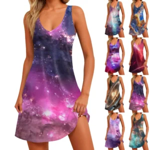 Women's Summer Casual Loose Floral Print Sleeveless Pocket Dress