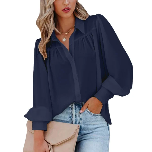 Button-down top pleated solid color stand-up collar women's clothing - Image 2