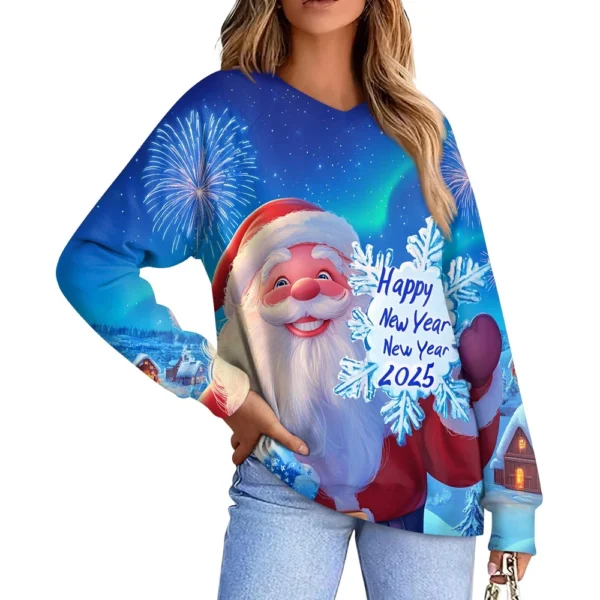 Women's Casual Fashion Comfortable Raglan Sleeve V-Neck Christmas Print - Image 20