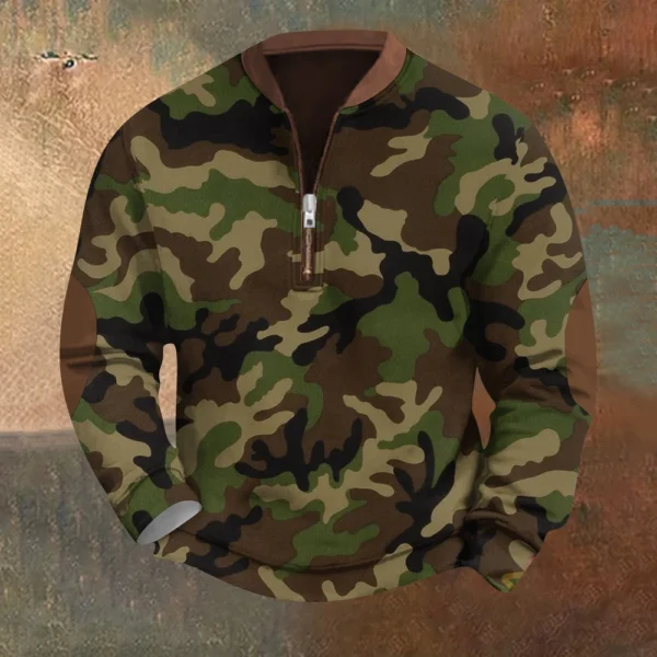 Men's Fashion Casual Half Zip Neck Loose Long Sleeve Camouflage Sweatshirt - Image 28