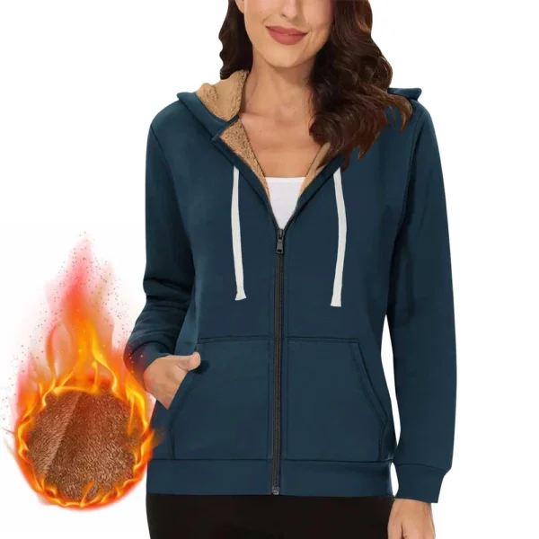 Lined Jacket Women Flannel Winter Warm Fleece Zip Up Hooded With Side Pockets - Image 4