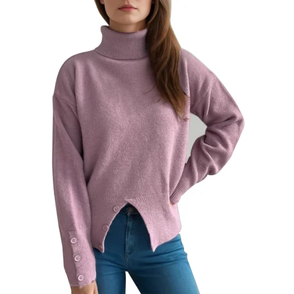 Women's Turtleneck Solid Color Slit Button Sweater Slim Fit Warm Pullover - Image 2