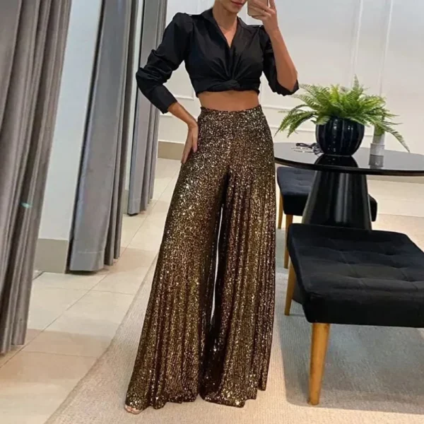 Women's Fashion Casual High Waist Thin Trousers Solid Colour Sequin Wide Leg - Image 16