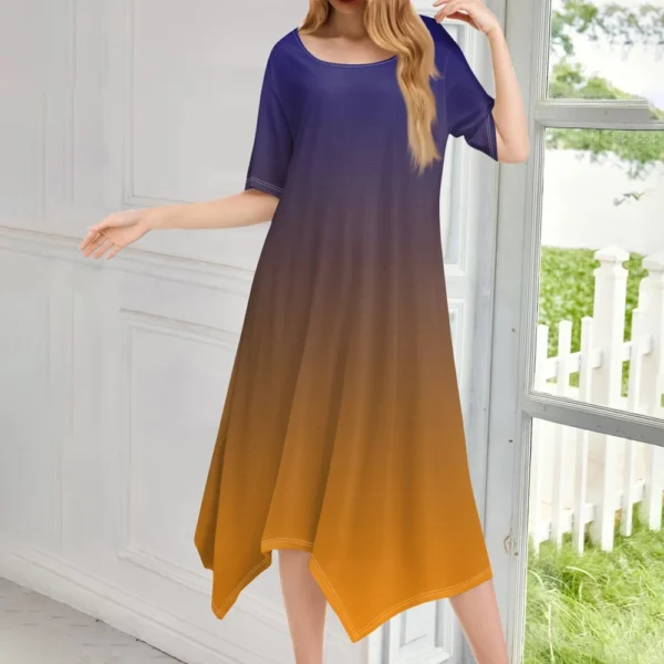 Women's Casual Fashion Round Neck Short Sleeve Print Irregular Hem Midi Dress - Image 31