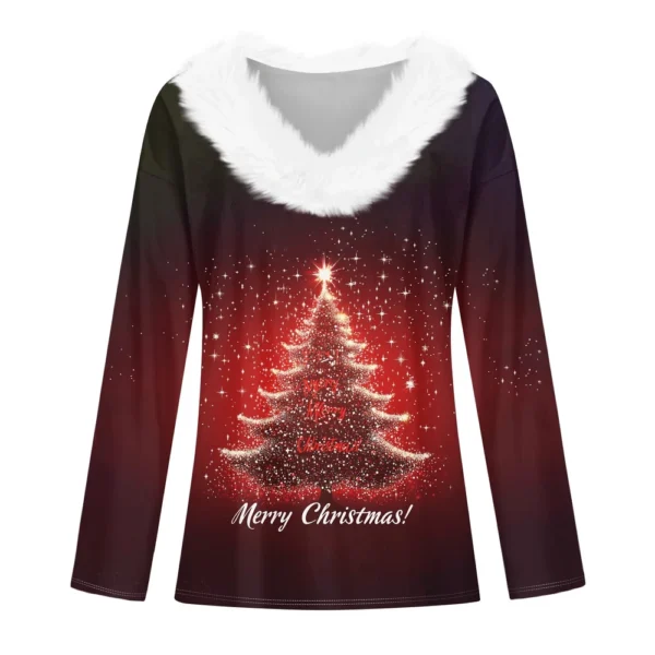 Women's Christmas Shirt Long Sleeve Top Fleece Collar Party V Neck T Shirt - Image 11