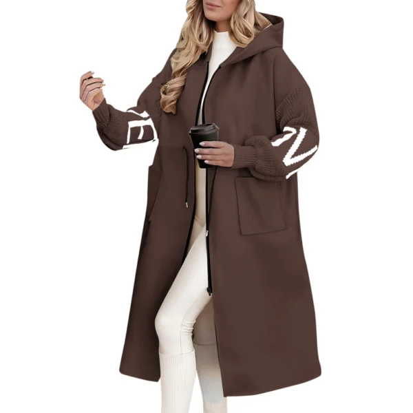 Women's  Solid Color Hooded Long Sleeve Knitted Sleeves Patchwork Casual Zip - Image 7