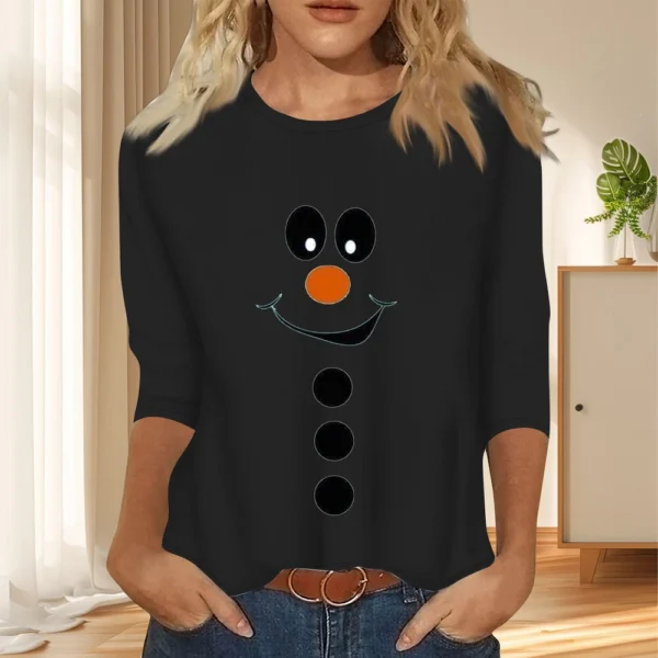 Women's Christmas Casual Round Neck T-Shirt Printed 3/4 Sleeve Loose Ladies Top - Image 13