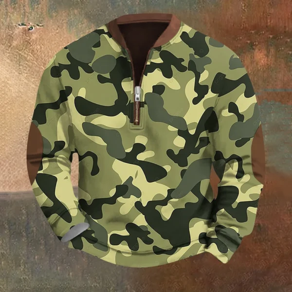 Men's Fashion Casual Half Zip Neck Loose Long Sleeve Camouflage Sweatshirt - Image 34