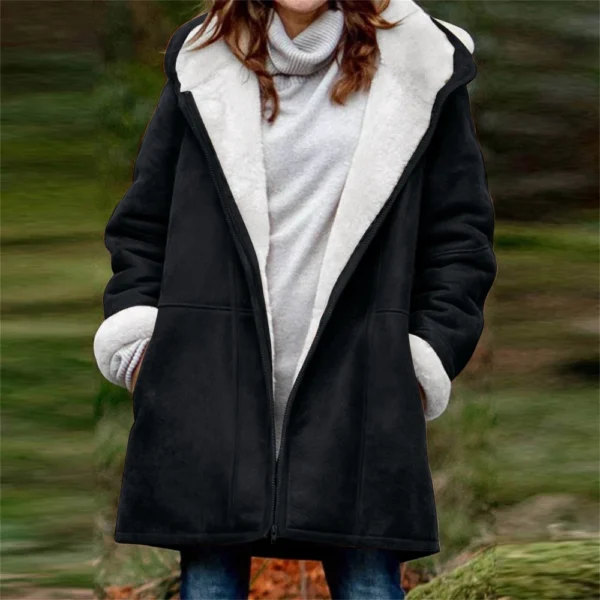Women's  Fashionable Solid Color Warm Coat Long Sleeved Zipper Loose Hooded - Image 16