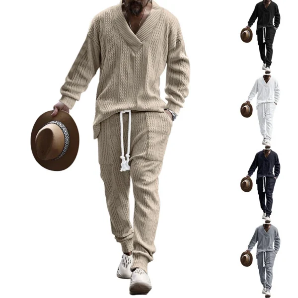 Men's casual trousers V-neck jacquard knit suit - Image 8