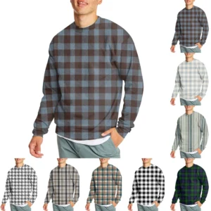 Men's Casual Fashion Comfortable Plaid Round Neck Pullover Sweatshirt Sweatshirt