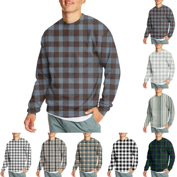Men's Casual Fashion Comfortable Plaid Round Neck Pullover Sweatshirt Sweatshirt