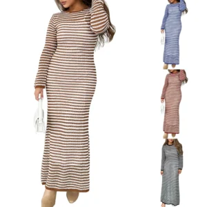 Women's Casual Striped Long Sleeved Sweater Dress, Mid Length Dress, Slim Fit