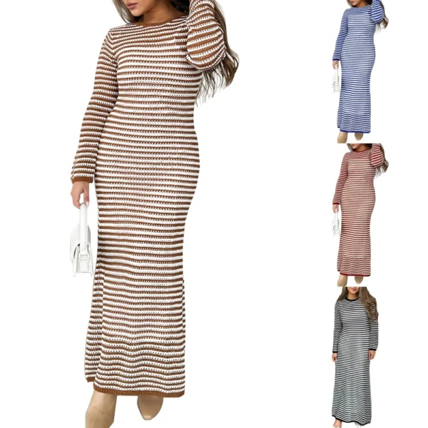 Women's Casual Striped Long Sleeved Sweater Dress, Mid Length Dress, Slim Fit